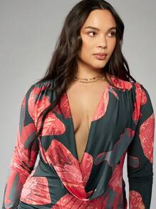 MISSGUIDED PLUS Floral Ruched Mini Dress Plus Size Plunge Neckline Long Sleeve Fitted Bodycon Party Club Night Out Winter Fall Holiday - Multicolor - View 4