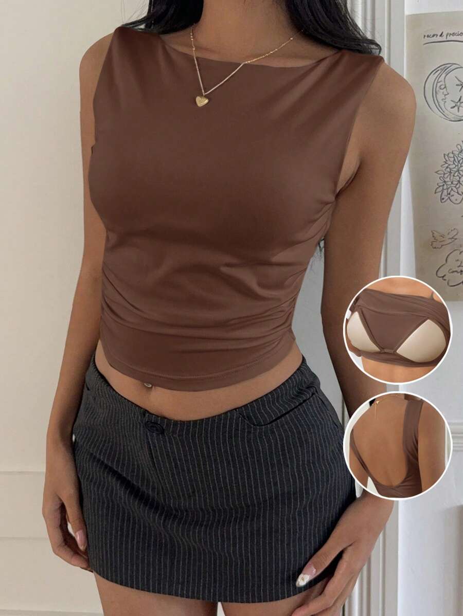SHEIN EZwear Brown Cropped Backless Camisole With Chest Lining, Spring/Summer - Brown - View 1