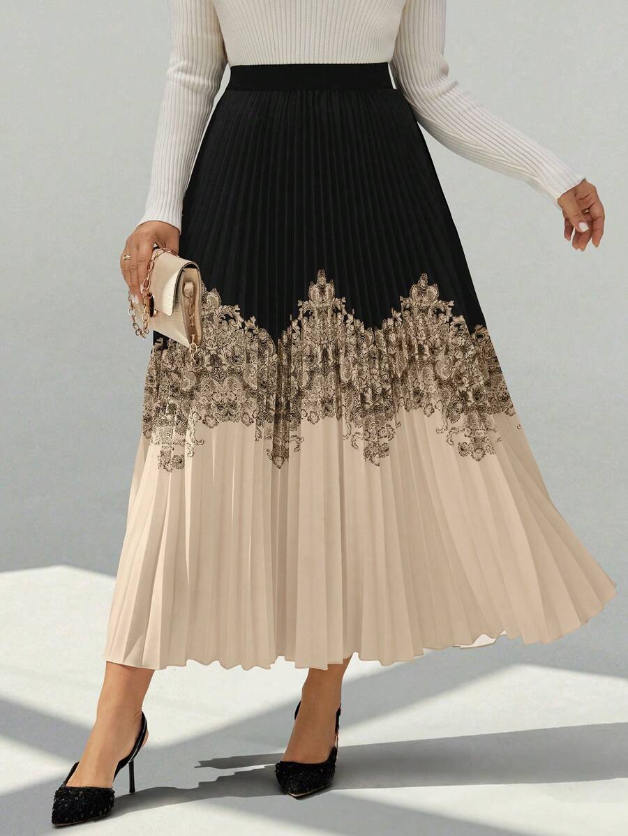 SHEIN LUNE Plus Size Elegant Contrast Color Patchwork Retro Print Pleated A-Line Skirt, Autumn Maxi Women - Multicolor - View 1