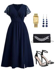 Ellevyn Vestido midi elegante de talla grande con cuello en V, mangas con volantes de encaje y unicolor, vestido para invitada de boda, vestido de graduación, vestido de verano, vestido de novia, vestidos elegantes para fiesta - Azul Marino - Ver 3