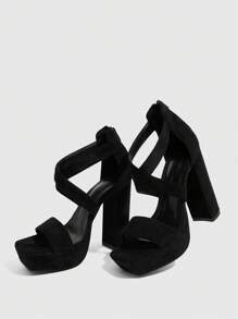 Cuccoo CUCCOO LuxiPop Women's Fashion Black Suede-Like Straps Combo Rear Zipper Convenient Slip-On, Stable Thick Platform Chunky High Heel Sandals, Suitable For Commute, Date, Party, Holiday, Music Festival, Wedding