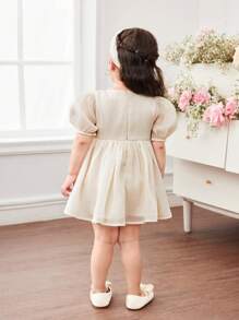 Vestido corto de manga corta con estampado floral de organza color albaricoque, elegante y lindo para bebé niña en verano