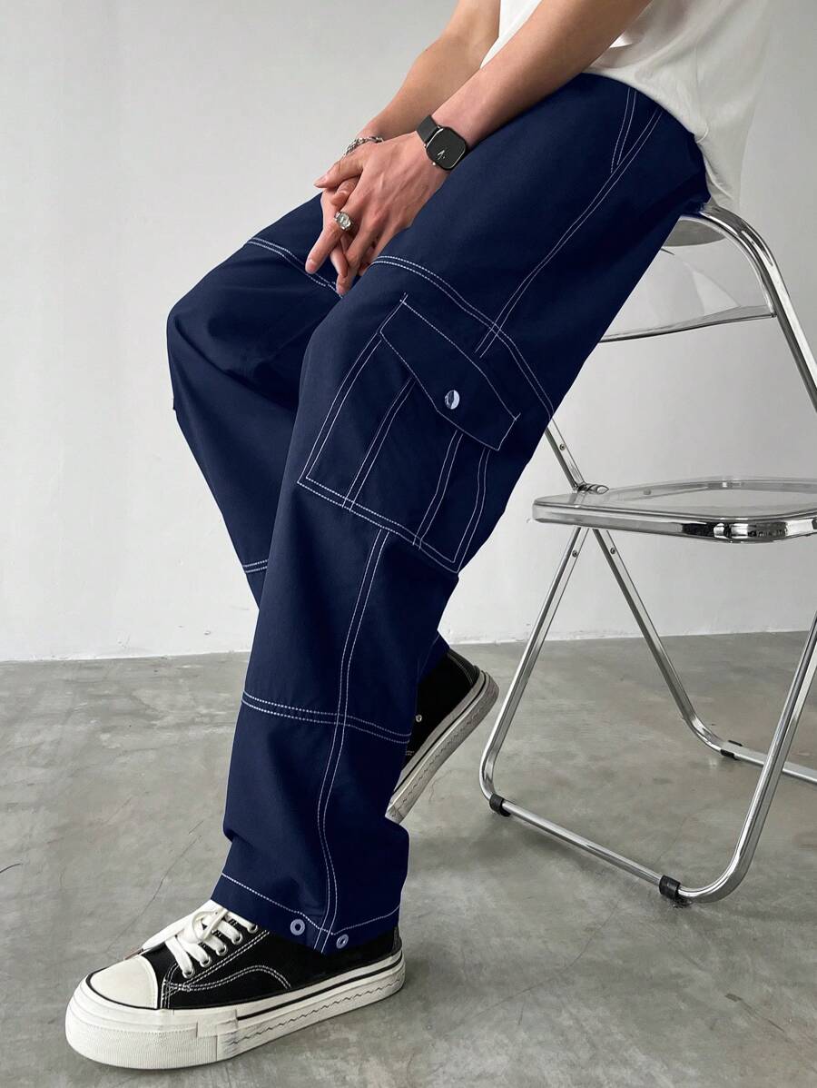 Claim Dot Men's Contrast Stitching Straight Leg Cargo Pants - Navy Blue - View 1