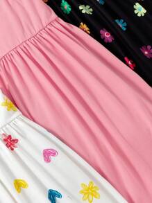 SHEIN Genkimix Kids 3 件套女童无袖连衣裙套装，弹力豹纹条纹休闲度假派对连衣裙，弹力吊带背心，色块，豹纹，花卉印花，适合夏季 - 彩色 - 查看 7