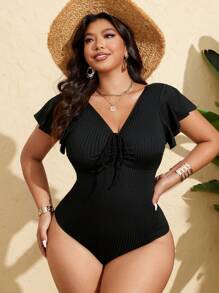 SHEIN Swim Curve Plus Size Women V-Neck Black Drawstring Ruffle Sleeve Wide Ribbed Textured One-Piece Swimsuit, Fashionable Casual Resort Wear - Black - View 4