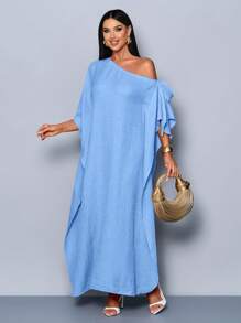 SOLERSUN 春夏女装优雅通勤性感斜肩蝴蝶结海边度假聚会派对长袍纹理面料杏色长裙 - 藍色 - 查看 4