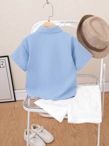 Young Boy Summer New Simple Lapel Front Opening Short Sleeve Shirt And Casual Straight Shorts Set, And Cool Fashion Outfit - Blue - View 2