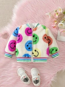 Baby Girl Fashion Rainbow Smiling Face Jacket, Warm Casual Outerwear