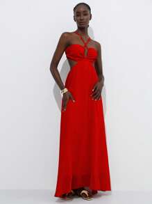 Aveloria Modichic Abito in chiffon rosso con schienale scoperto e senza maniche