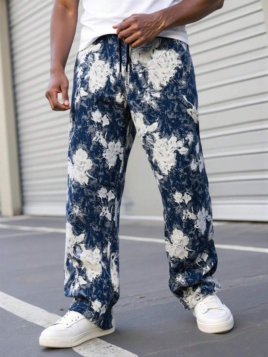 Manfinity Homme Men's Loose Casual Pants, Straight Leg, Jacquard Fabric,Perfect As Gifts For Boyfriends Or Husbands,Men's Casual Carrying Floral Fabric Waistband Elastic And Tight Straight Trunk Pants, Suitable For Daily Commuting Outdoor Wear - Multicolor - View 1