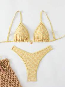 Swim Mod Springbreak Women Summer Floral Print Spaghetti Strap Top And High Cut Bikini Bottoms Beach Outfit - Yellow - View 1