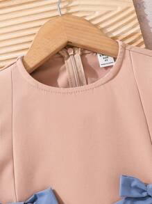 SHEIN LMoss Kids Kleine Mädchen LMoss Lässig Sommer Farbblock bedrucktes Schleifchen Rundhalskurzarm Kleid, ideal für Lässig & Alltagsmode