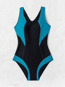 SHEIN 2 pièces Tenue d'été de plage pour femmes, maillot de bain une pièce style sport casual avec couleur unie et couleur contrastante bleu lac