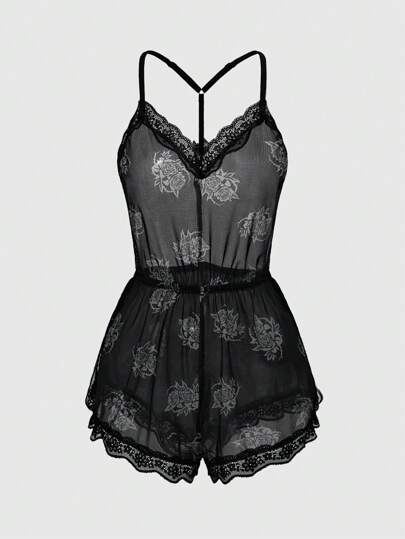 Goth Gotischer Rosen Netz & Spitzen Splice Träger Jumpsuit Nachtwäsche Set