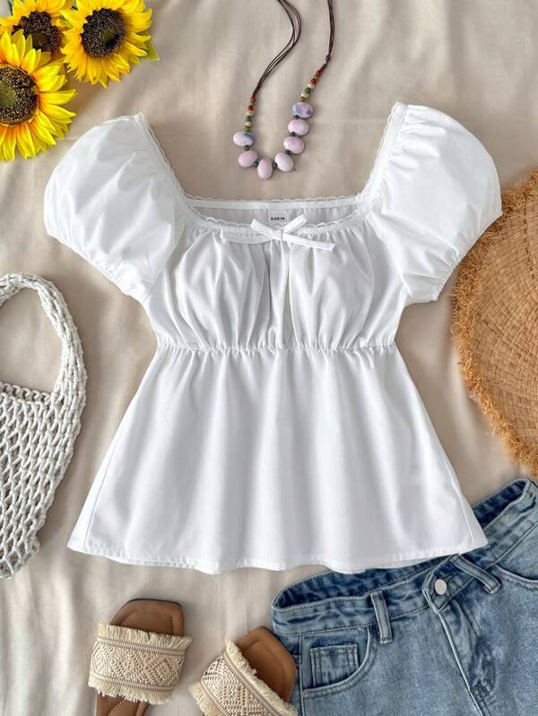 SHEIN Teen Girl White Square Collar A-Line Puff Sleeve Cute & Sweet Cropped Shirt, Suitable For Preppy, Sweet Style, Daily Casual Wear