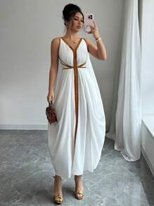 Elenzga Women's Sleeveless Elegant Dress With Glittering Patchwork And Pleated Detail - White - View 6