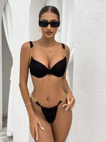 SHEIN 2 Pieces Ruched Chain Black Bikini Swimwear Set, Sexy Black Solid Swimwear For Vacation, Spring For Summer