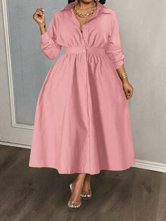 Slaydiva 大码优雅通勤休闲长袖修身纯色橄榄绿色衬衫半开前束腰长裙女春秋装