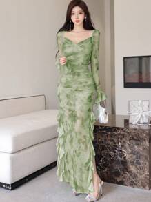 Modelyn Đầm lưới nhuộm loang họa tiết bèo nhún xẻ tà thanh lịch gợi cảm cho nữ - màu xanh lá - Xem 3