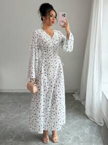 Modelyn 女式优雅碎花蕾丝拼接喇叭袖阿巴亚连衣裙，端庄 - 藍色 - 查看 5