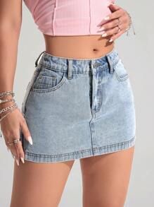 SHEIN EZwear 女士休闲洗水牛仔裙，夏季 - 淺色水洗藍 - 查看 4