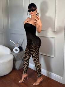 SHEIN SXY Casual Minimalist Full-Print Leopard Pattern Jumpsuit - White - View 3