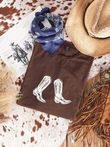 SHEIN EZwear Oversized Western Cowboy Boot Print Round Neck Short Sleeve Loose T-Shirt, Casual Pullover Tee For Women, Suitable For Summer, Nomadic Style