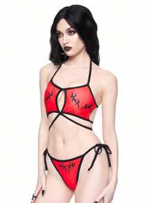 ROMWE Goth Conjunto de bikini de 2 piezas con ribete de contraste, estilo gótico, para Halloween - Multicolor - Ver 1
