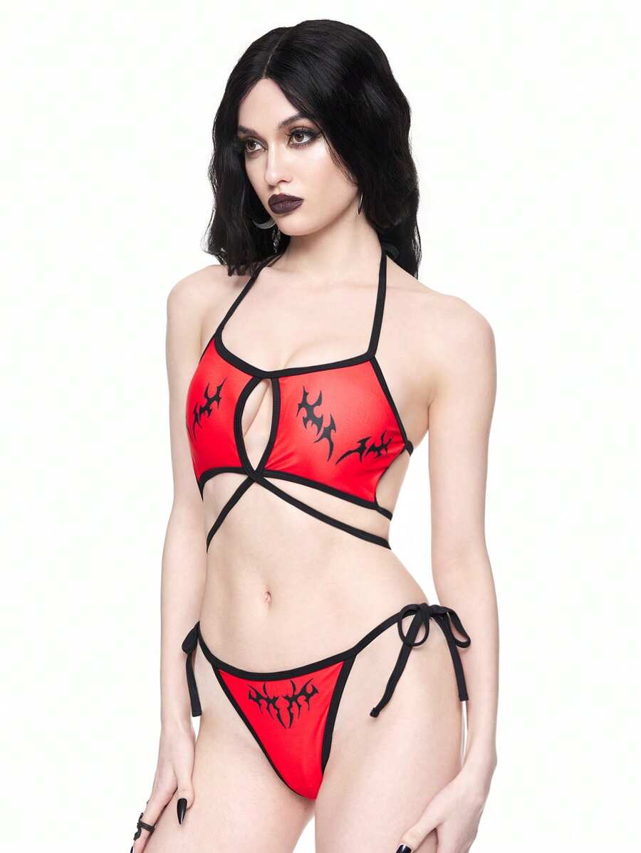 ROMWE Goth Conjunto de bikini de 2 piezas con ribete de contraste, estilo gótico, para Halloween - Multicolor - Ver 1