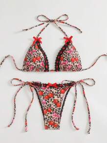 SHEIN Swim Bộ đồ bơi bikini hai mảnh họa tiết da báo và quả anh đào gợi cảm cho nữ, đi biển mùa hè - Nhiều màu - Xem 6