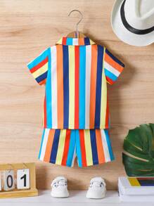 Toddler Boys' Casual Colorful Striped Pattern Woven Shirt And Shorts Set