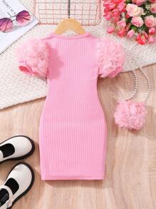Young Girl' Solid Color Ribbed 3D Flower Decor Short Sleeve Casual Dress With Matching 3D Flower Handbag - Pink - View 2