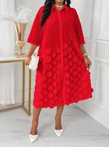 SHEIN Lady Plus Size Solid Color Long Sleeve Casual Dress, Suitable For Summer - Red - View 3