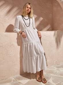 Bóhologie Boho  Bohemela  Womens Clothing Women Summer Clothes Women's Textured Puff Sleeve Round Neck Multilayer A-Line Vacation Casual Maxi  Dress  Seaside Holiday, Suitable For Everyday, Out Of The Street, Holiday And Other Occasions To Wear,,White Graduation Dress White - White - View 3