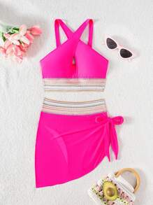 SHEIN Swim 2pcs/Set Hot Pink Women's Hollow Swimwear,Elegant Adjustable Strap Triangle Bottom With 2 In 1 Mesh Skirt,Summer Casual Beach Vacation Holiday - Hot Pink - View 4