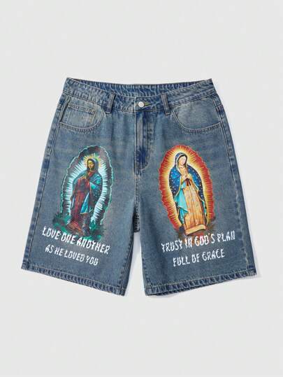 Goth Shorts en denim décontractés et amples avec slogan graphique et poche pour hommes