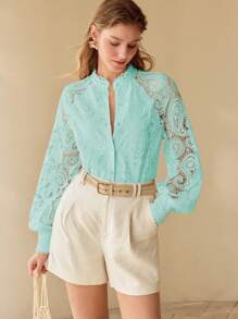MOTF GUIPIURE LACE RAGLAN SLEEVE BLOUSE - Mint Green - View 1