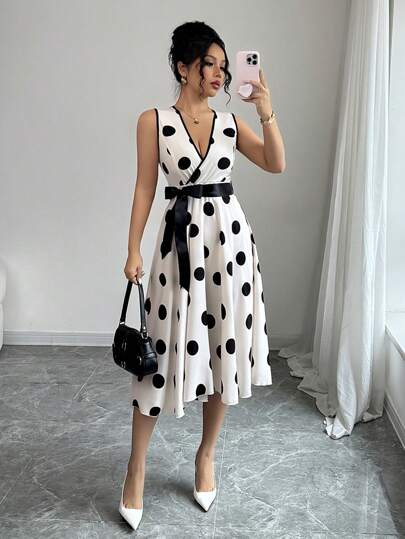 Selianne Women's Elegant Polka Dot Print Sleeveless Midi Dress, Summer