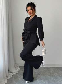 INAWLY 2 pezzi Set di giacca e pantaloni con volant eleganti e manica lunga per donna taglia grande