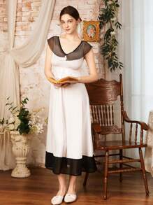 Côtesoire V 领女士网眼拼布优雅睡袍 - 白色 - 查看 6