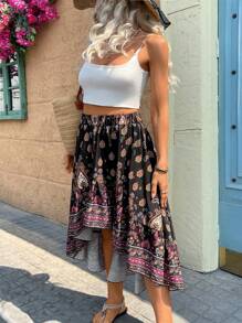 SHEIN Clasi 大码波西米亚风不对称印花休闲半身裙
