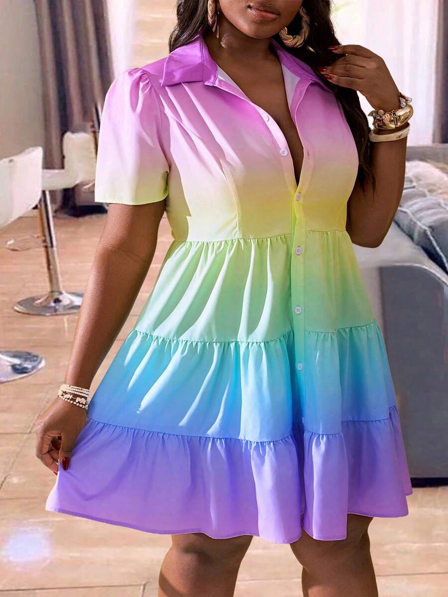 Slaydiva Plus Size Women Ombre Short Sleeve Single-Breasted Ruffle Hem Dress - Multicolor - View 1