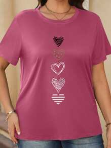 Plus Size Women's Heart Print Round Neck Short Sleeve T-Shirt Graphic Tees Women Tops - Red Violet - View 1