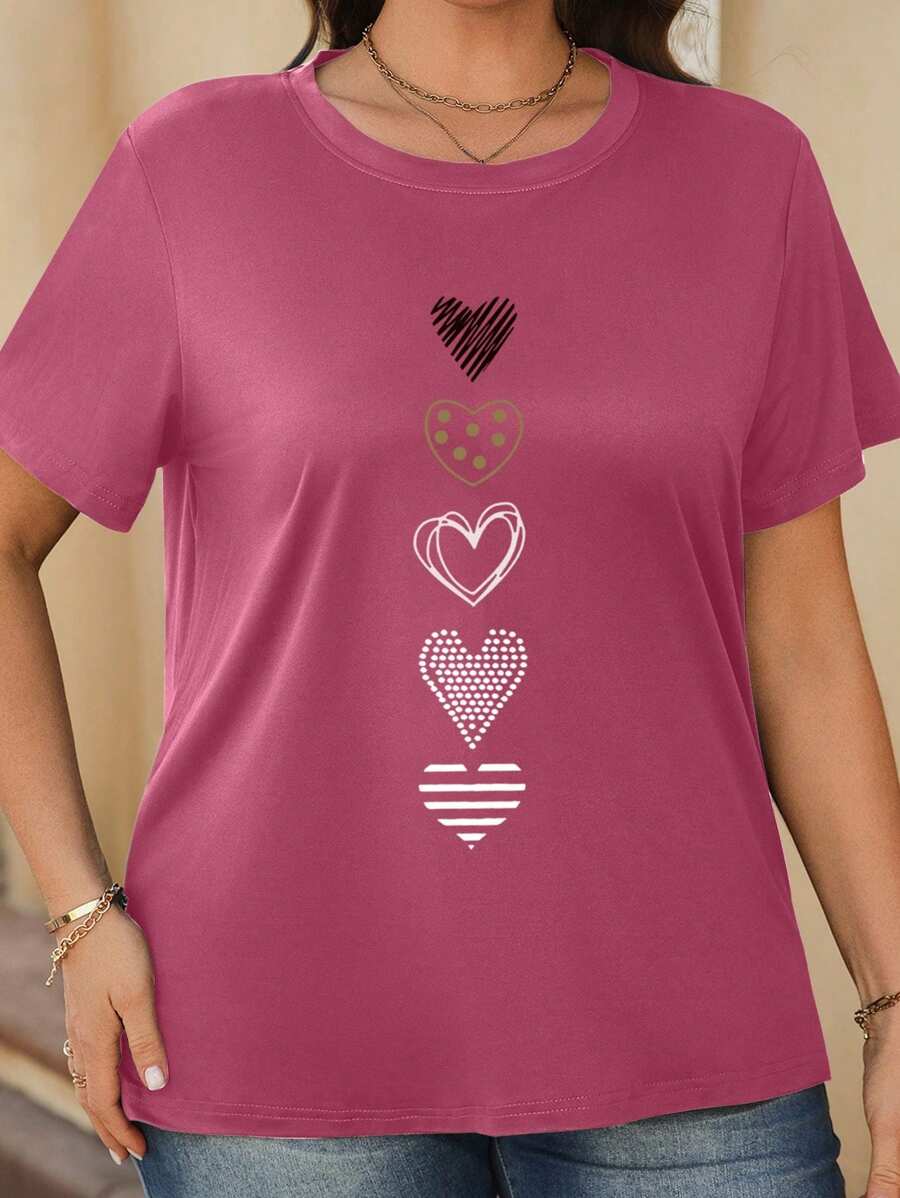 Plus Size Women's Heart Print Round Neck Short Sleeve T-Shirt Graphic Tees Women Tops - Red Violet - View 1