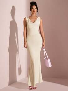SHEIN BAE Vestido ceñido de un solo color con cuello en forma de U, espalda descubierta, tirantes con lazo y abertura alta, adecuado para graduación, dama de honor, Día de San Valentín, cumpleaños, reunión escolar, en color rosa y rosa claro