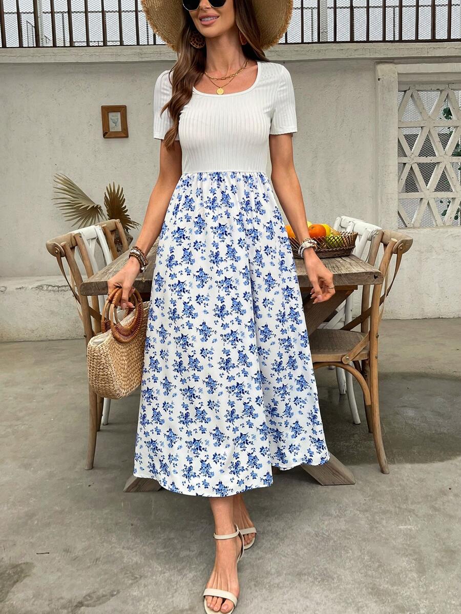 EMERY ROSE Ditsy Floral Print Square Neck A-Line Dress Maxi Women Outfit - Blue and White - View 1