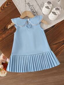 SHEIN Vintaside Kids 女婴夏装，可爱公主裙，彼得潘领，无袖 - 藍色 - 查看 2