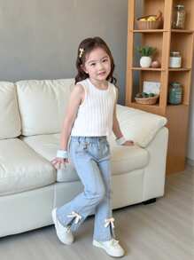 Young Girl Flared Jeans With Slit Hem, Studded And Bowknot Decor - Light Wash - View 7