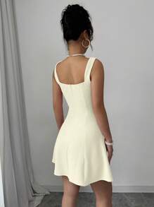 Rafferiza 女士纯色拼接宽肩带铆钉休闲连衣裙 - 杏色 - 查看 2