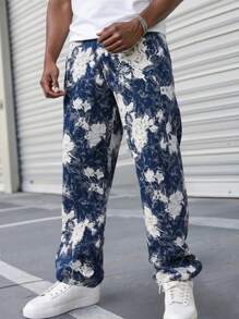 Manfinity Homme Men's Loose Casual Pants, Straight Leg, Jacquard Fabric,Perfect As Gifts For Boyfriends Or Husbands,Men's Casual Carrying Floral Fabric Waistband Elastic And Tight Straight Trunk Pants, Suitable For Daily Commuting Outdoor Wear - Multicolor - View 5